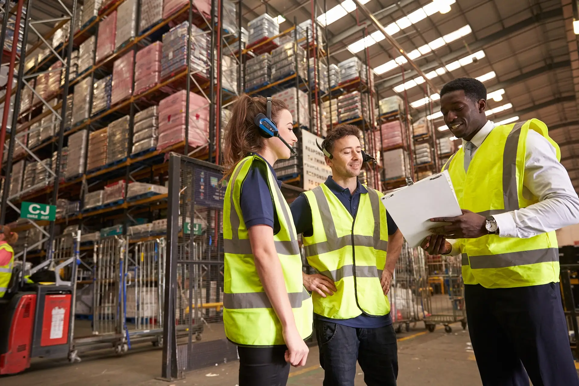 Workers checking an inventory of a product warehouse.